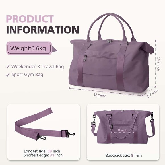 Women Men Purple Waterproof Carry On Tote Travel Duffle Bag with Trolley Sleeve - Picture 4 of 7